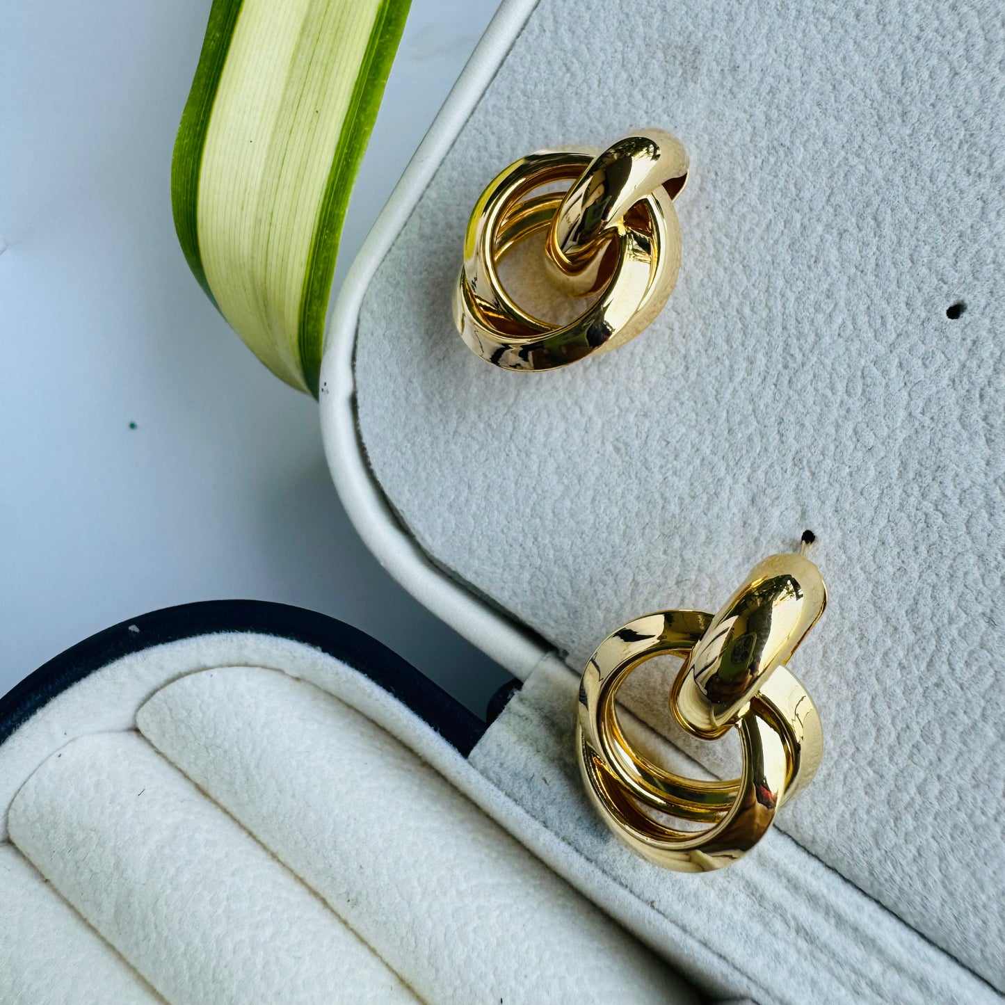 Two polished gold hoop earrings displayed in a cushioned jewelry case