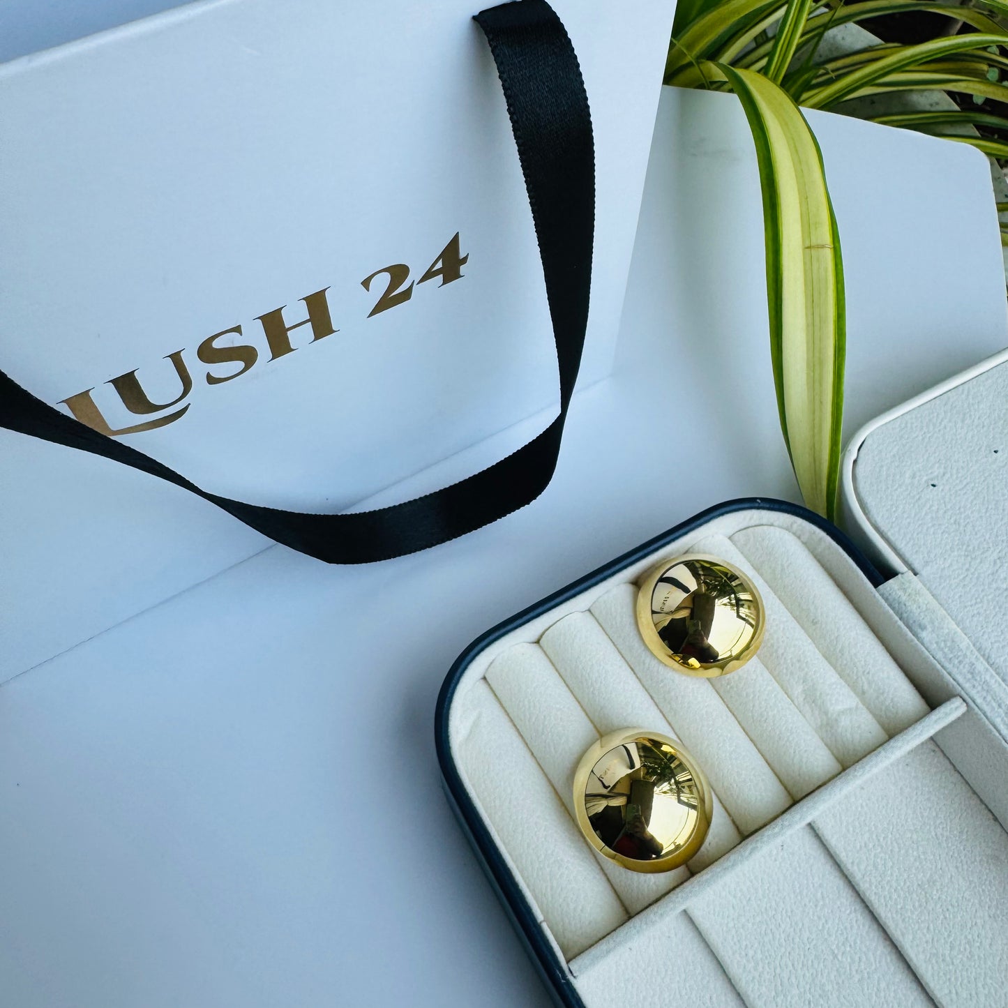 Timeless gold dome stud earrings displayed in a chic jewelry box, paired with LUSH 24 luxury packaging for an elegant touch