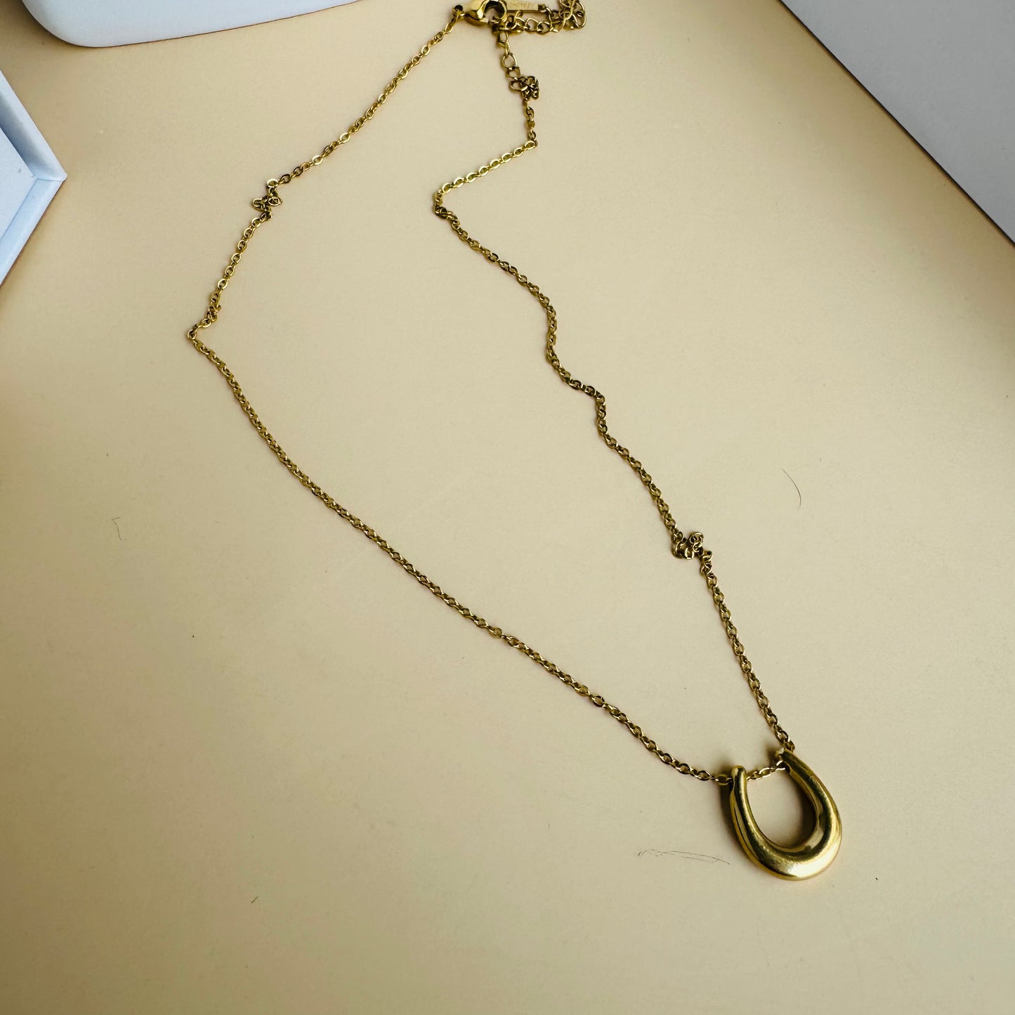 A delicate gold necklace featuring a minimalist horseshoe pendant, elegantly displayed on a white bust with LUSH 24 packaging in the background