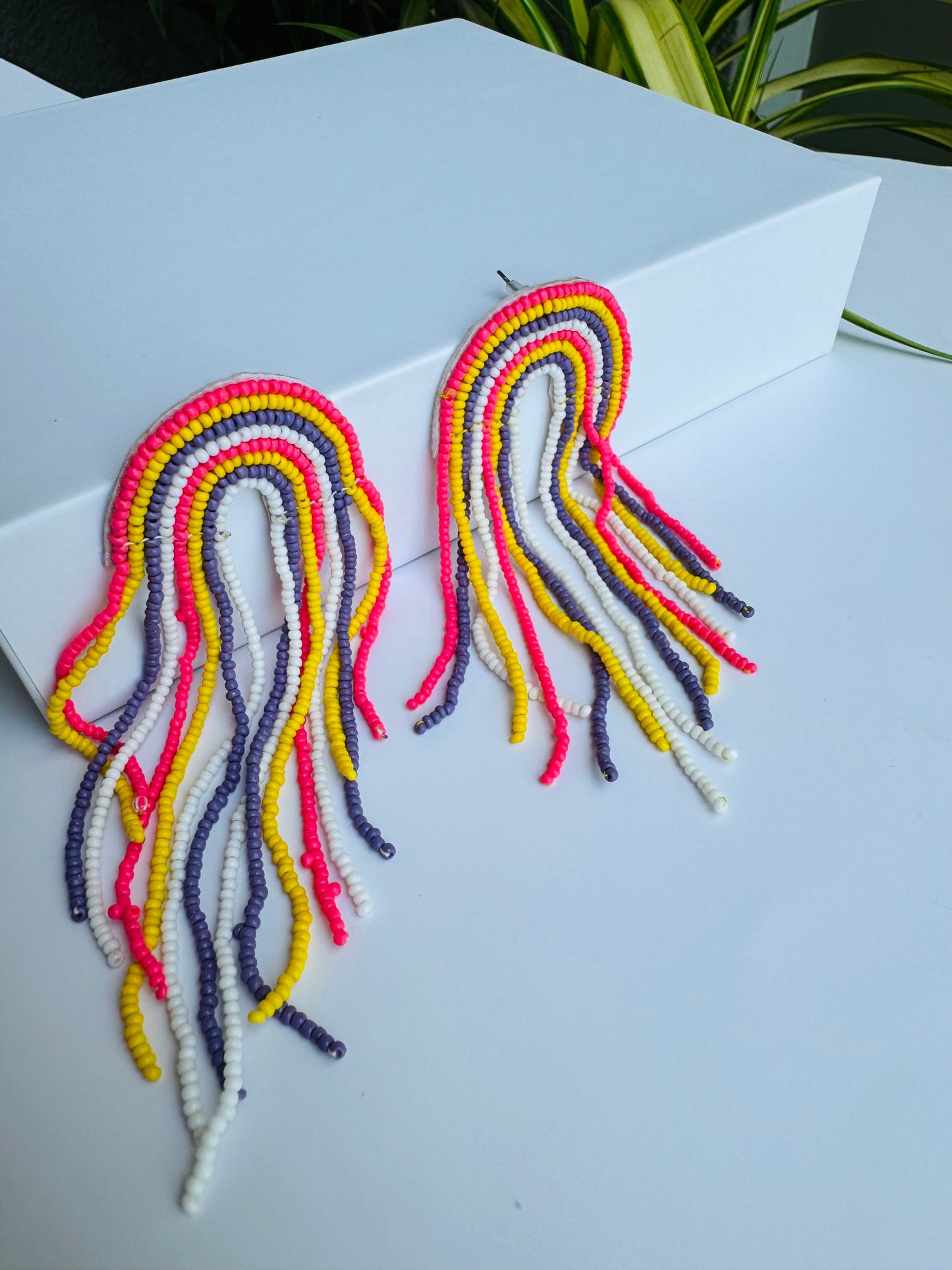 Colorful rainbow fringe beaded earrings, a vibrant accessory from Mumbai.