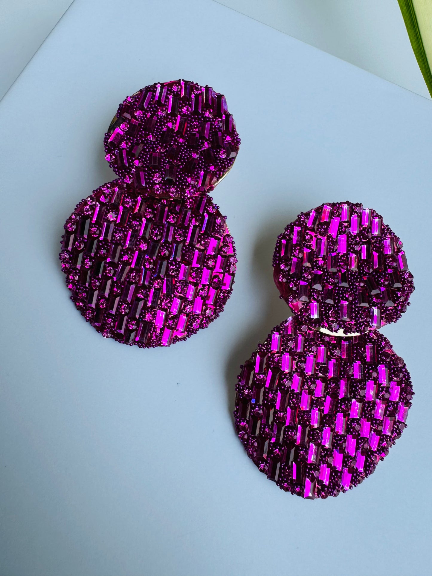 Geometric pink earrings with clear and pink crystals