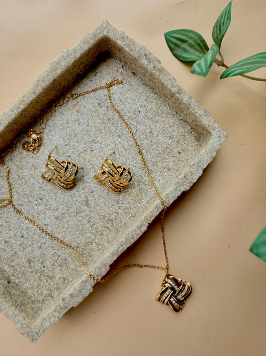 Gold love knot pendant and earrings set