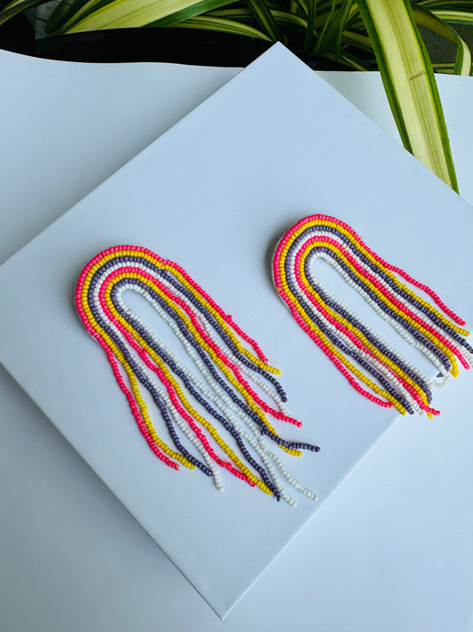 Colorful rainbow fringe beaded earrings, a vibrant accessory from Mumbai.