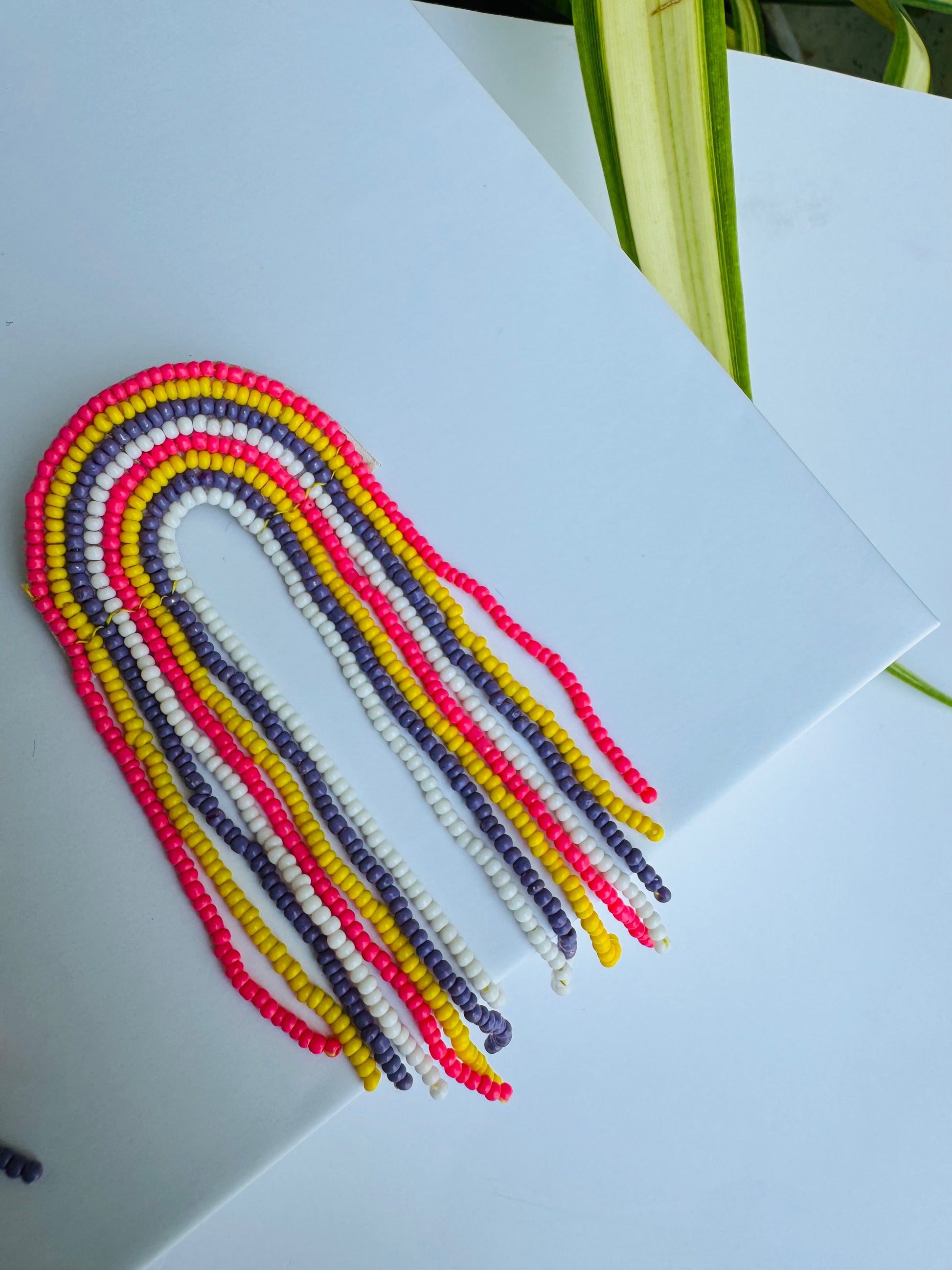 Colorful rainbow fringe beaded earrings, a vibrant accessory from Mumbai.